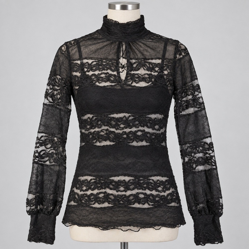 Black Sheer Floral Lace Mock Neck Long Sleeve Blouse Keyhole Mesh Top - Picture 2 of 15